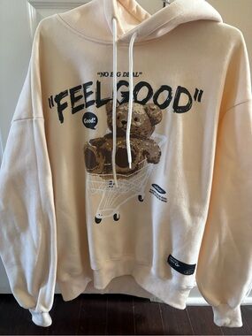 Aelfric Eden Beige 'FEEL GOOD' Teddy Bear Graphic Hoodie Like New Small